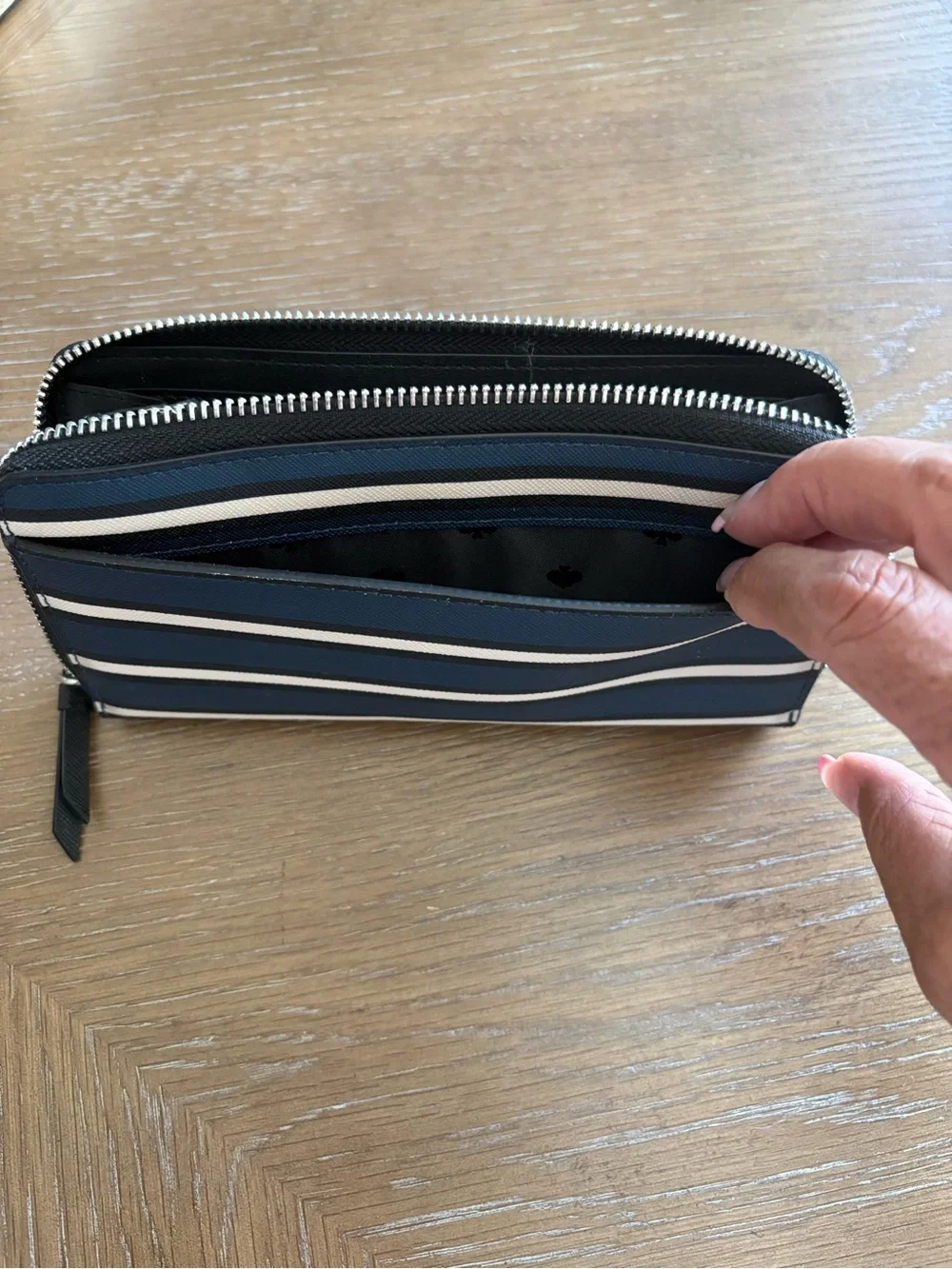 kate spade navy and cream striped zip-around wallet